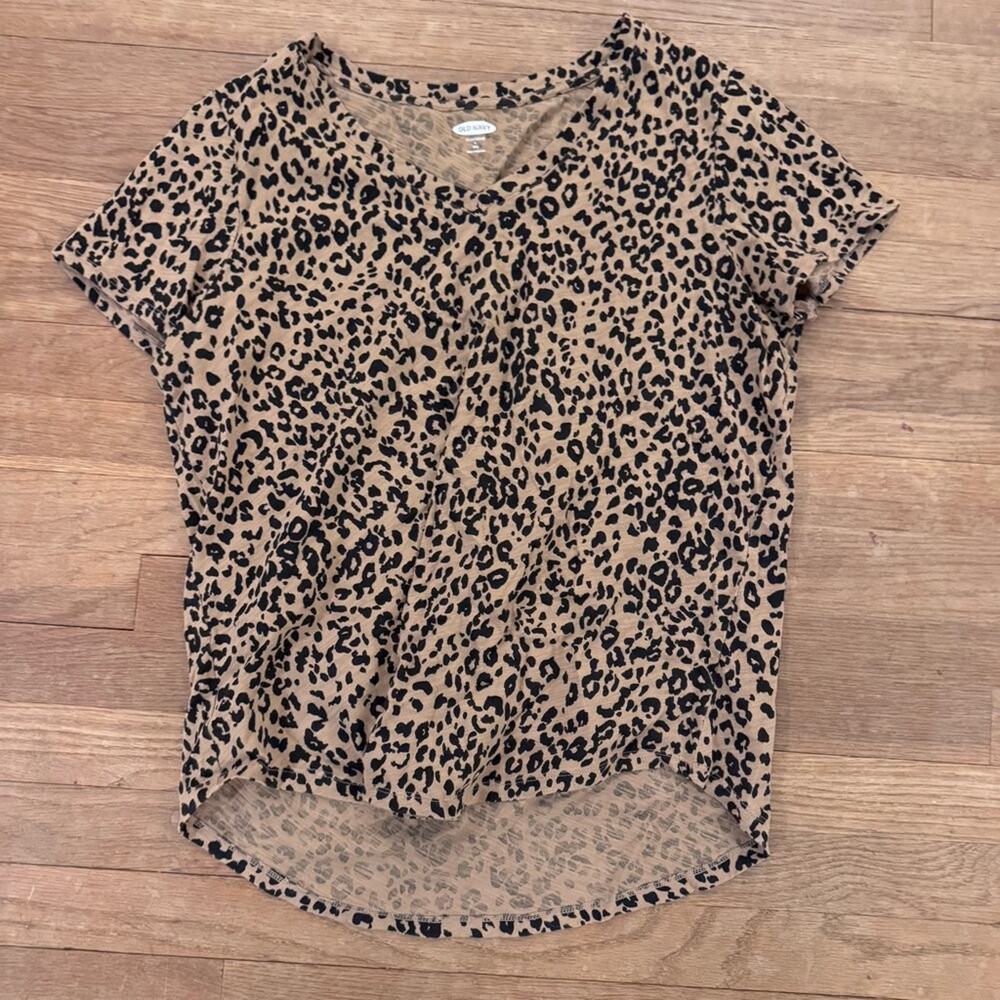 Old Navy tan black animal print V-neck short sleeve blouse shirt top sz LT
 b76